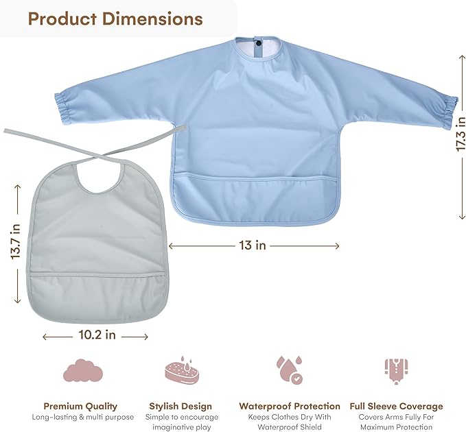 CHILDLIKE BEHAVIOR Baby Smock Bib - Waterproof Travel Buddy, Mess-Proof Feeding - Long Sleeves, Gentle Closure- Two-Layer