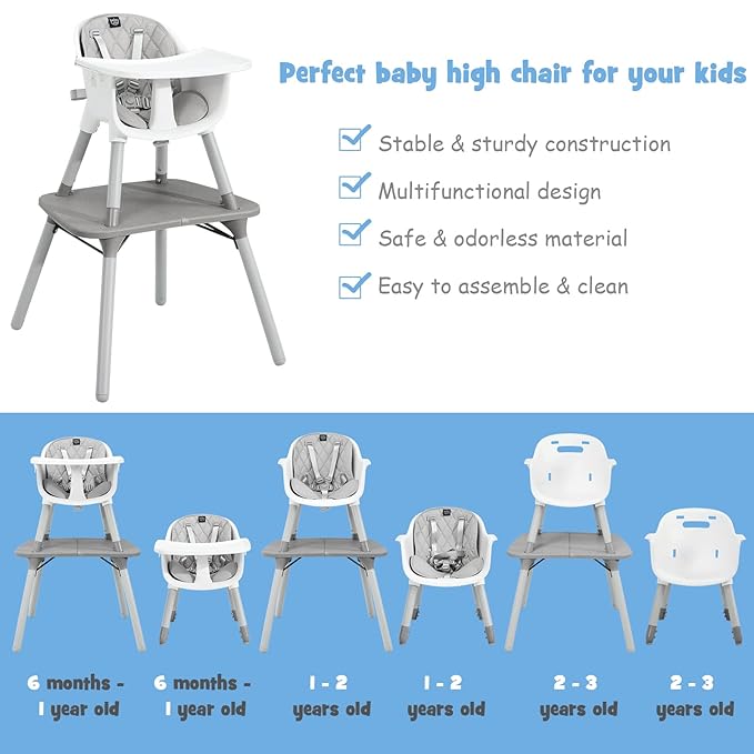 BABY JOY High Chair, 5 in 1 Convertible Highchair for Babies & Toddlers | Booster Seat | Table and Chair Set | Infant Feeding Chair with Removable Tray, Safety Harness, Removable Cushion (Gray)