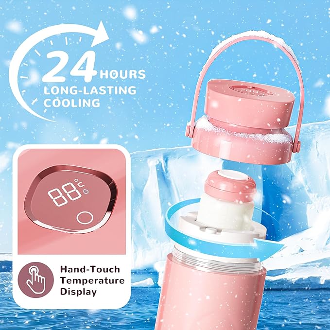 Portable Breast Milk Cooler Bottle for Travel - 22oz Breastmilk Chiller with 2 Baby Bottles, Reusable Storage Container 360° Total Cooling for 24 Hours, Outdoor Thermos for Breastfeeding Moms, Pink