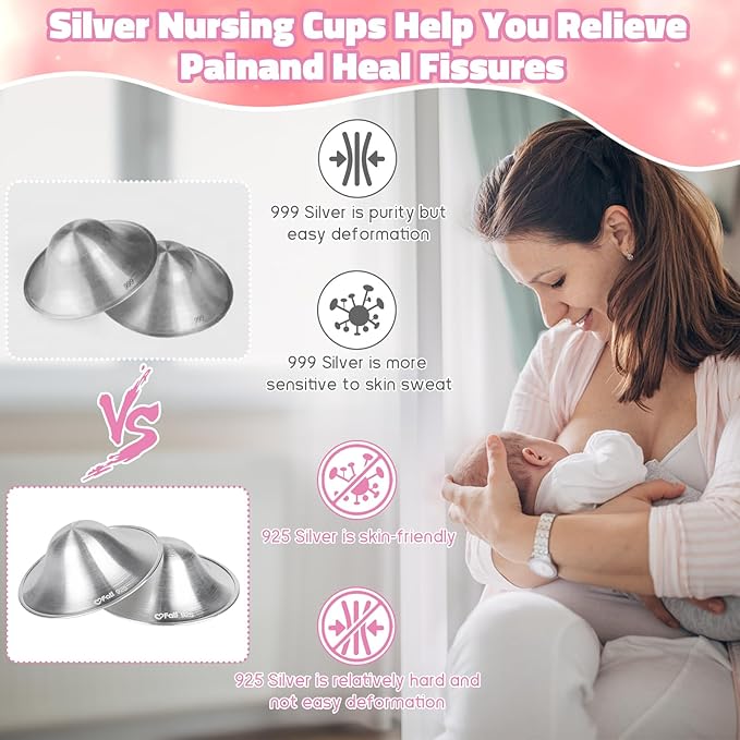 The Original Silver Nursing Cups, Nipple Covers for Breastfeeding, Nipple Shields for Nursing Newborn, Breastfeeding Essentials Silver Nipple Guards for Sore Nipple Relief-XL