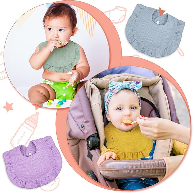 Seematn 10 Pcs Baby Muslin Bibs Drool Bibs Bandana Ruffle Soft Cotton for Newborn Baby Infants Girl Teething Toddlers Boy(Light Colors)