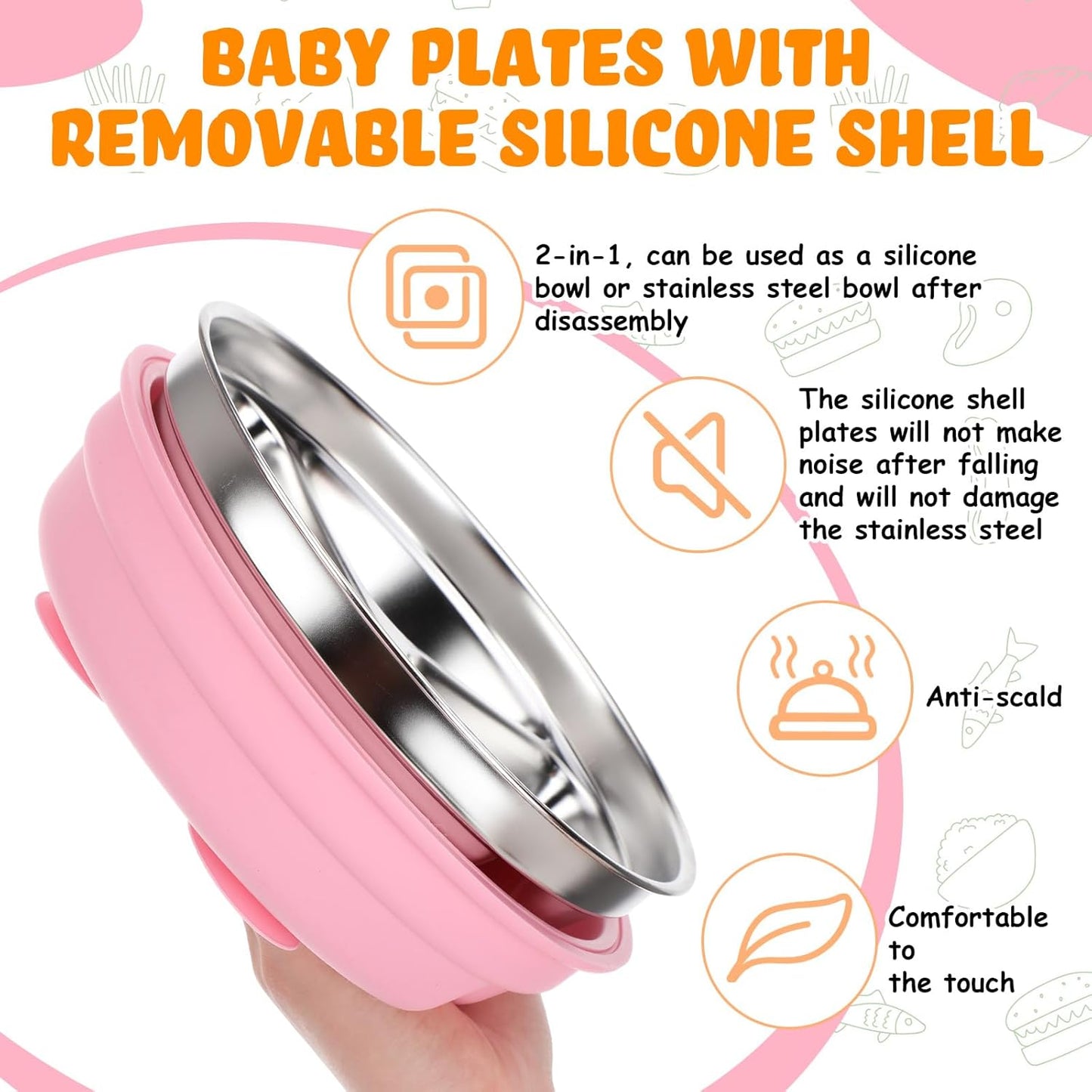 Nuogo 2 Pcs Stainless Steel Baby Suction Plates with Removable Silicone Shell 2-in-1 Metal Toddler Bowl Divided for Picky Eaters Kids Feeding Led Weaning Supplies, Dishwasher Safe (Purple,Pink)