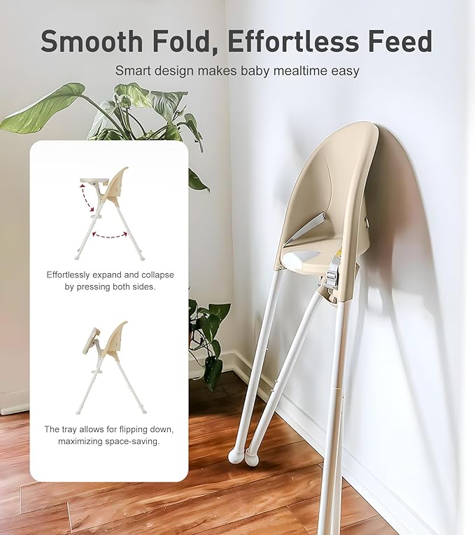 Funny Supply 3-in-1 Cute Folding High Chair, High Chairs for Babies and Toddlers, Modern Space Saving Highchair with Removable Double Tray, Easy to Clean, Light Weight Baby Feeding Chair, Cream