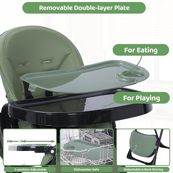 3 in 1 Foldable Baby High Chair, Infant High Chairs for Babies and Toddlers, 6 Height & 5 Recline Adjustable Toddler Feeding Chair, 2 Tray Depth & 3 Footrest Angles, 2 Built-in Wheels, Green