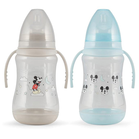 Disney 2 Pack 10 Ounce Baby Bottles with Character Prints and Colored Covers with Double Handle - BPA Free and Easy to Clean