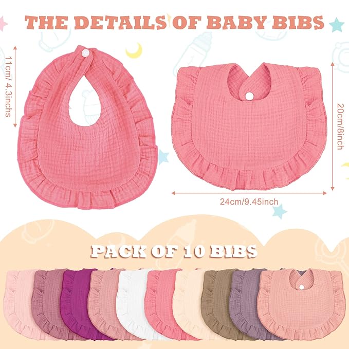 Seematn 10 Pcs Baby Muslin Bibs Drool Bibs Bandana Ruffle Soft Cotton for Newborn Baby Infants Girl Teething Toddlers Boy(Retro Colors)