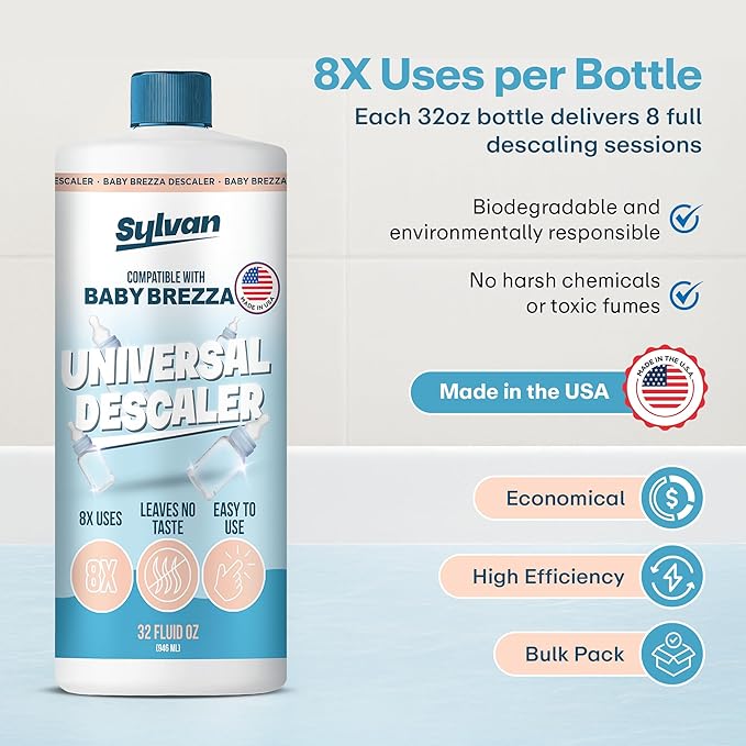 Descaler Compatible with Baby Brezza Machines | 32 Oz | 12 Month Supply | US Made | Free Cleaning Cloth | Descaling Solution Compatible with Baby Appliances | Cleans & Descales