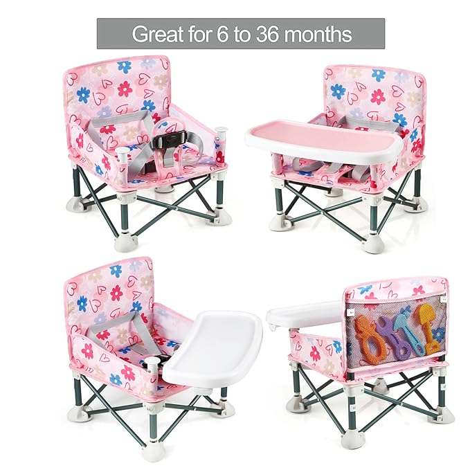 PandaEar Portable Baby Seat Travel| Compact Fold with Straps for Indoor/Outdoor Use| Great for Camping, Beach, Lawn |Toddlers, Kids, Boys, Girls (with Placemat, Pink)