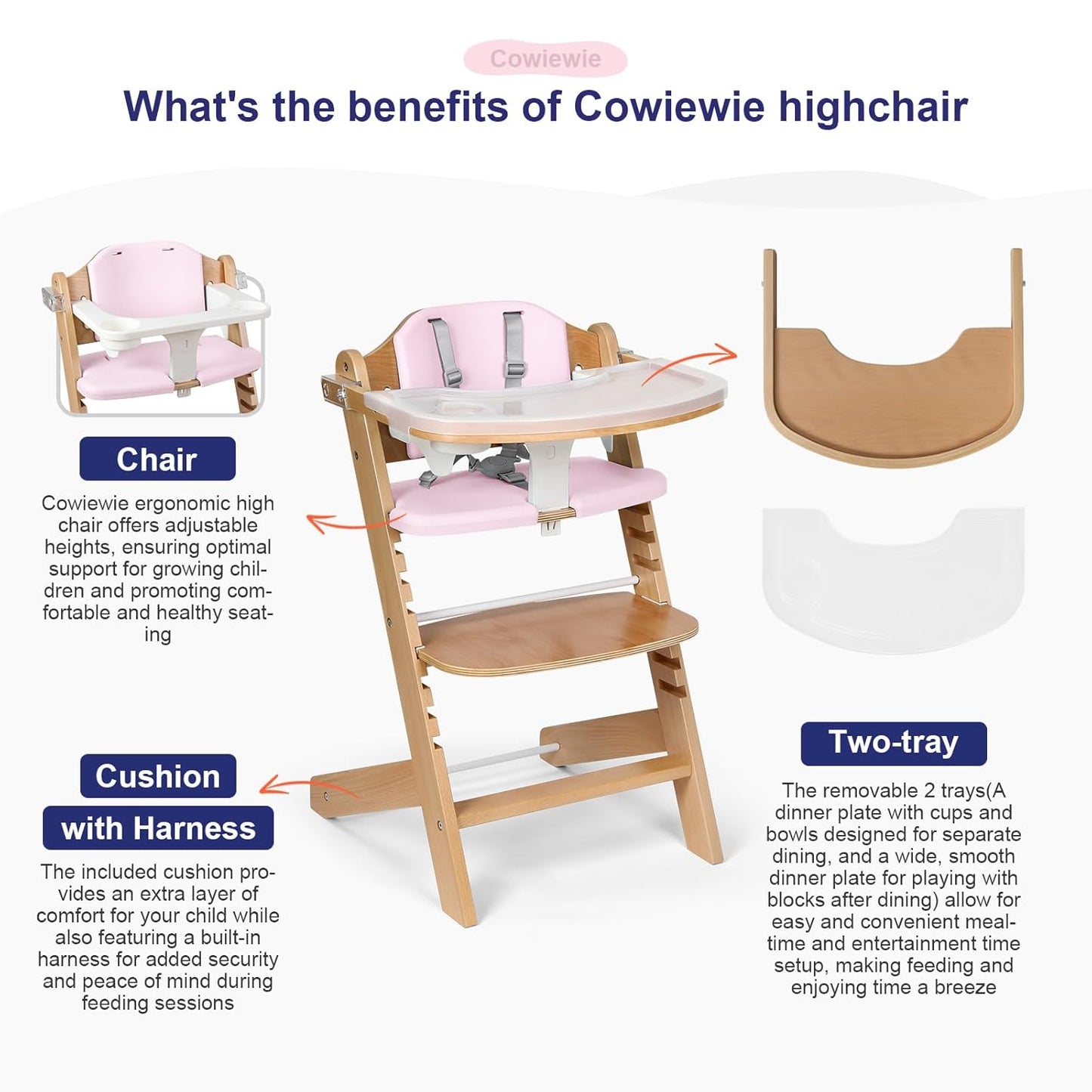 Cowiewie Natural Wooden High Chair for Babies & Toddlers 3-Tier Remove Adjustable Tray and Highchair with Cushions, Easy to Clean, Portable. (Pink)