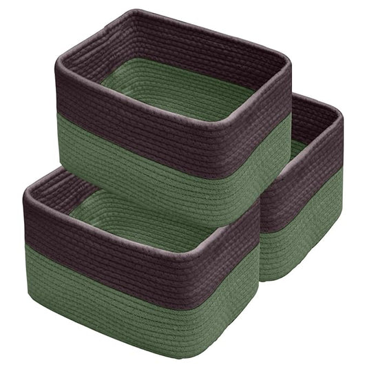 Hopegiver 3 Pack Storage Baskets for Organizing with Handle, Woven Baskets for Shelves - Durable Gift Basket for Cloth Toys Books Baby, Cotton Rope Basket for Dog Cat, 11x8x7 Inch(Brown&Green)