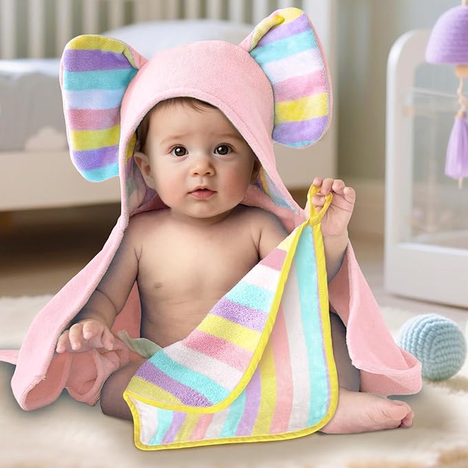 VOOVA & MOVAS Thick Baby Hooded Bath Towel - 100% Cotton,500GSM, 33x31.5 Inches,0-2Years,Super Absorbent Large Towel with Cute Elephant Ears Hood for Newborn, Baby, Infant, Baby Essentials,Pink