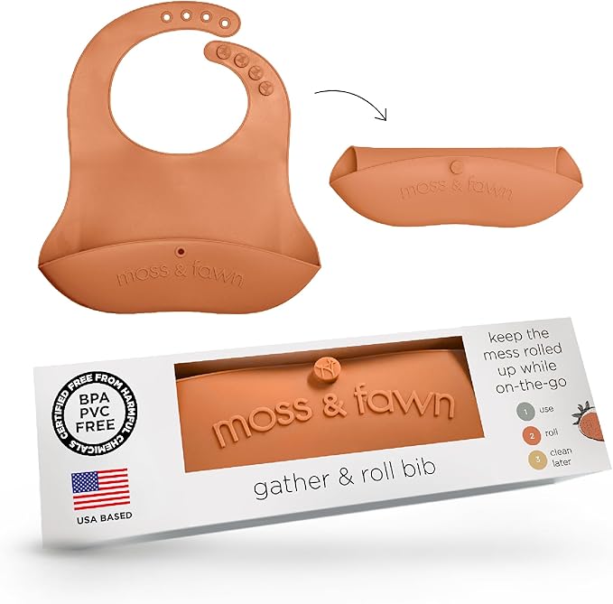Moss and Fawn Gather & Roll Bib - Washable Waterproof Silicone Baby Feeding Bib - BPA, Lead, & PVC-Free
