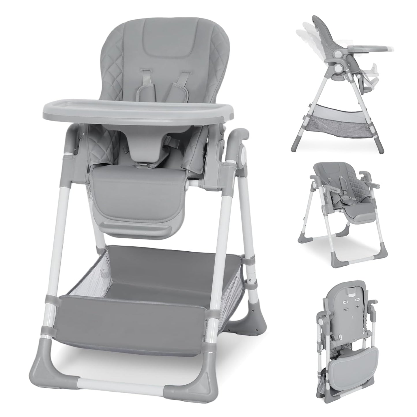Kinder King Convertible Baby High Chair, Adjustable Feeding Chair for Babies and Toddlers with Removable Double Tray, Simple Compact Fold for Space-Saving, 2 Built-in Wheels, Easy to Clean, Gray