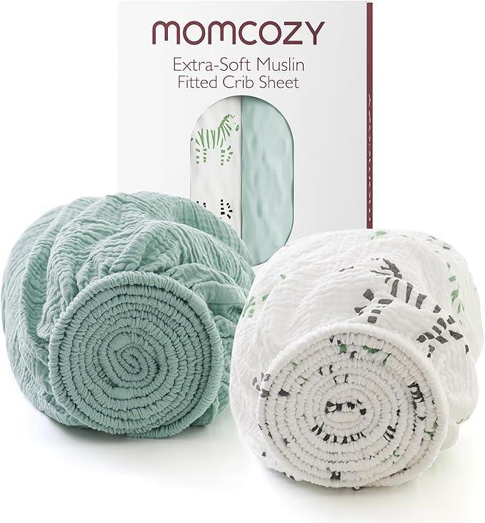 Momcozy Muslin Mini Crib Sheets Fitted - 38''x26'' Pack and Play Sheets for Pack N Play Mattress, 2 Pack Soft & Breathable Natural Cotton Non Slip Bed Cover for Boys, Girls, Bravery Zebra