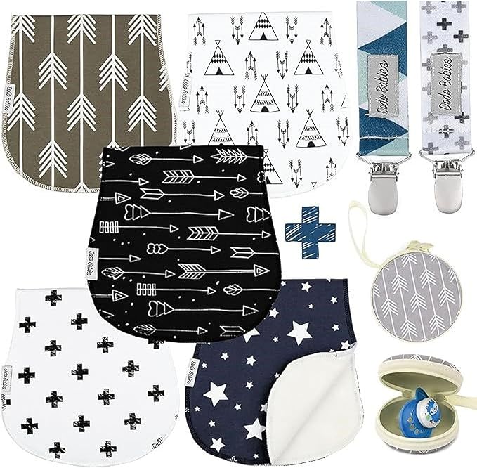 Dodo Babies 5-Pack Baby Burp Cloths - Soft Absorbent & Neutral Burp Cloths - Contoured Shoulder Fit & Baby Boy Essentials - Includes Pacifier Case & Pacifier Clip - Blue Grey Black, 2 Clips & 1 Case