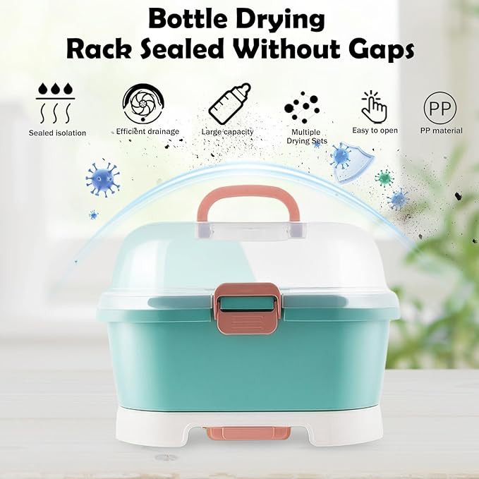 Baby Bottle Organizer for Storage, Baby Bottle Storage Large Capacity with Lid Cover Anti-Dust Protection and Cutlery Storage Drying Rack Portable Large Capacity Bottle Organizer(Green)