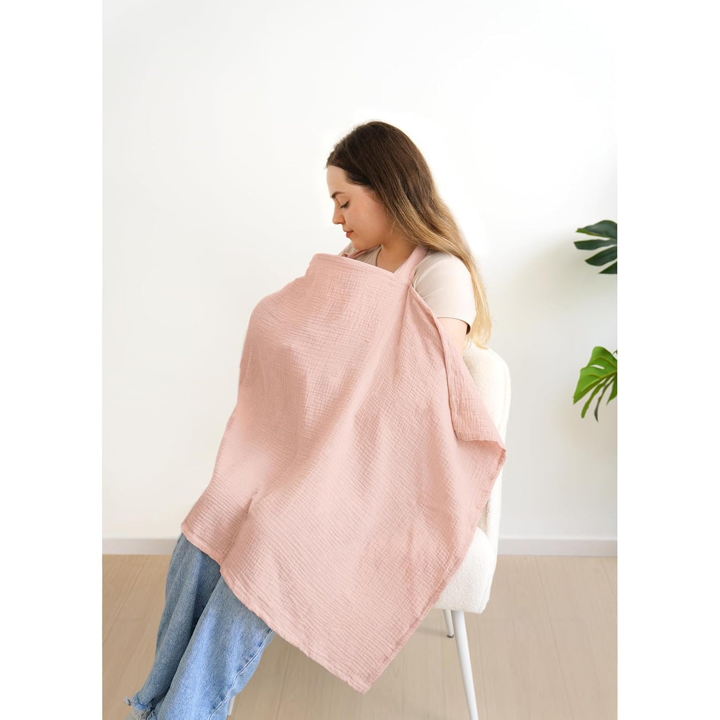 Muslin Nursing Covers for Breastfeeding, Privacy Breast Feeding Cover with Arch Neckline for Mom and Baby, Breathable 100% Cotton Nursing Apron Multi-use Stroller Cover