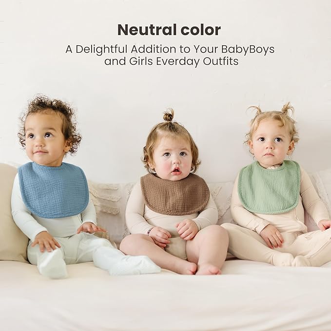 Konssy 10-Pack Muslin Baby Bibs, Soft Cotton Bandana Bibs for Drooling & Teething, Unisex Solid Colors for Boys & Girls, Newborn & Infant