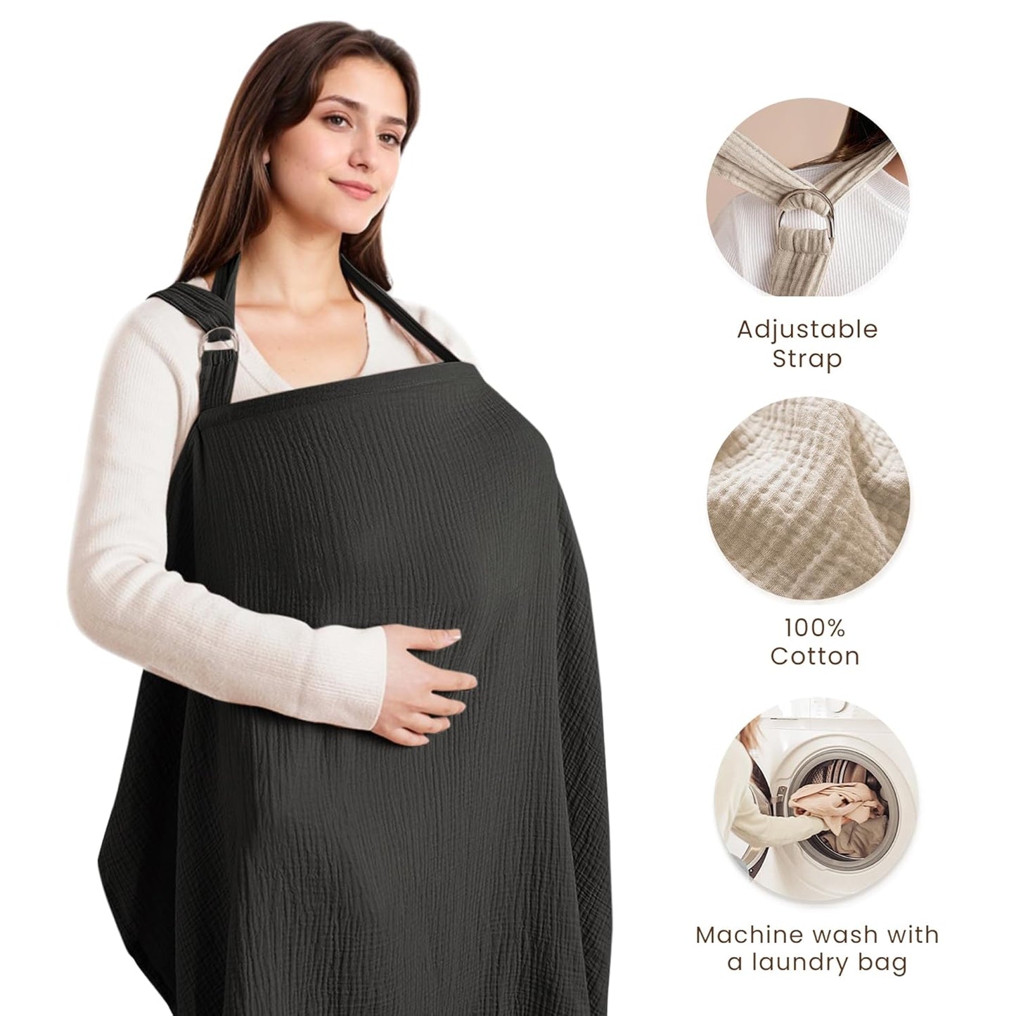 Konssy Muslin Nursing Cover for Baby Breastfeeding, Breathable 100% Cotton Breastfeeding Cover with Rigid Hoop for Mother Nursing Apron, Multi-use Carseat Canopy Canopy (Black)
