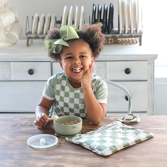 BapronBaby Sage Checkerboard Bapron - No Neck Tie Safer Bib for Baby & Toddler - Soft Waterproof Stain Resistant - Machine Washable - Sz Baby/Toddler 6m-3T