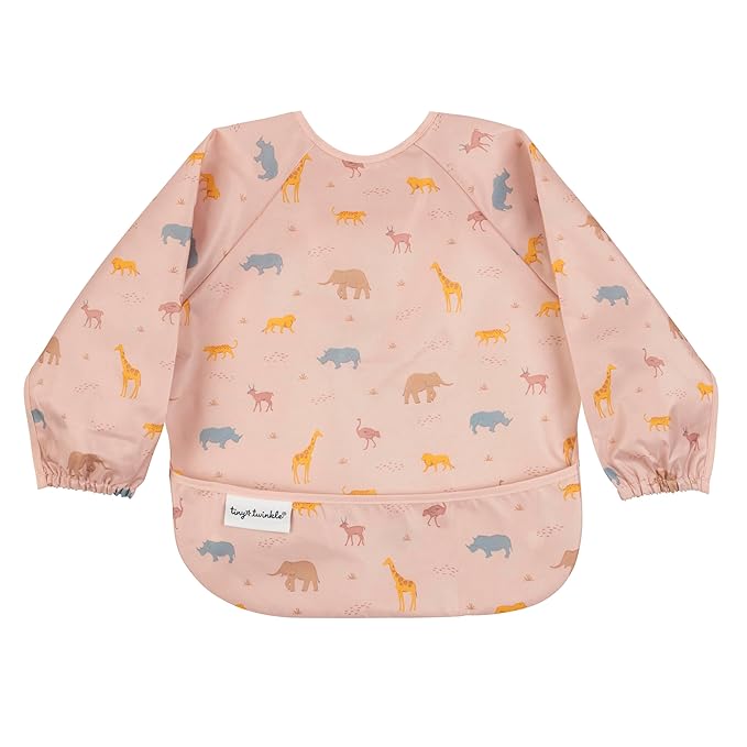 Tiny Twinkle Long Sleeve Bib for Babies & Toddlers – Waterproof Smock Bib for Eating – Machine Washable & Mess-Proof, Baby Feeding Essential & Shower Must-Have(Petite Safari, 2-4Y)
