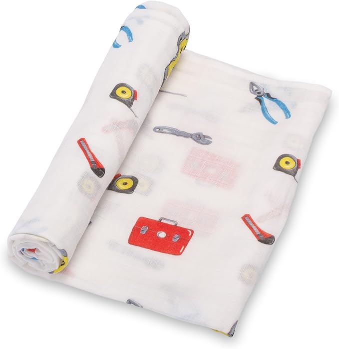 LollyBanks Muslin Swaddle Blankets, Soft Cotton Muslin Baby Blanket, 47 x 47 Inches Newborn Swaddle, Baby Boy Essentials, Registry (Tool Box Print)