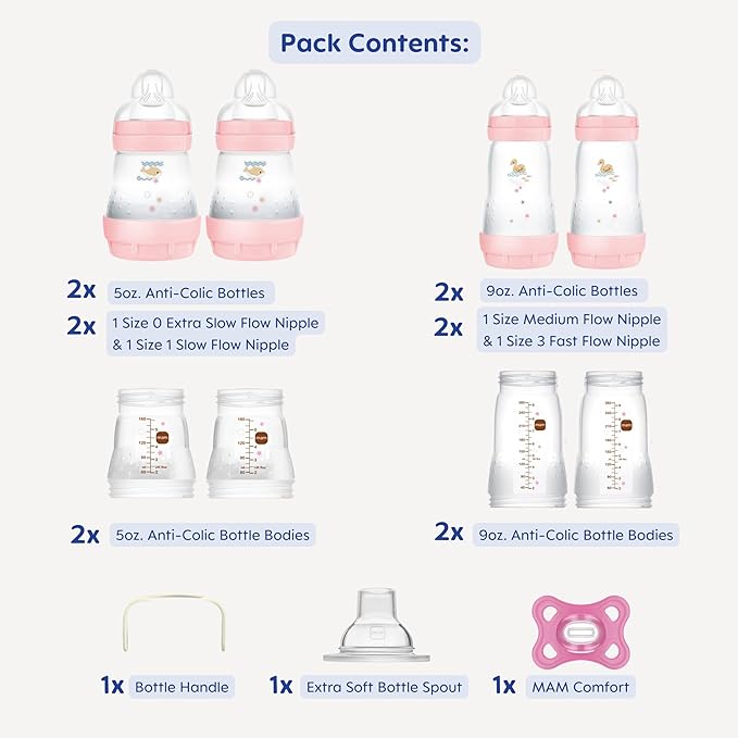 MAM Grow with Baby Feeding Set, Newborn Essentials Must Have for 0-3 Months, Anti-Colic Bottles, Pacifiers and Skinsoft Silicone Nipples, Baby Gift 11 Piece, BPA Free for Girl