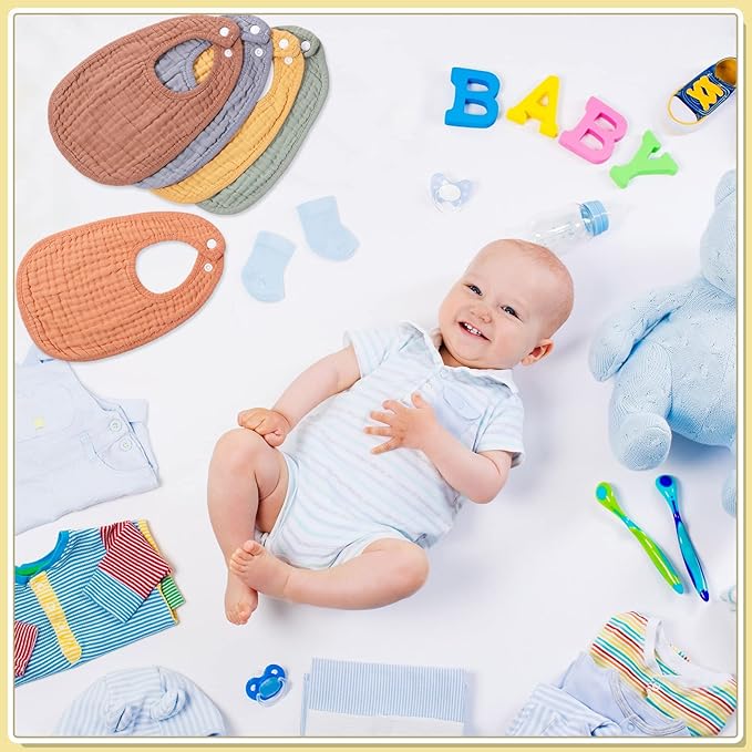 Frienda 8 Pcs Muslin Baby Bibs Cotton Bandana Drool Bibs Bulk for Newborn Infant 6 Absorbent Layers Feeding Accessory