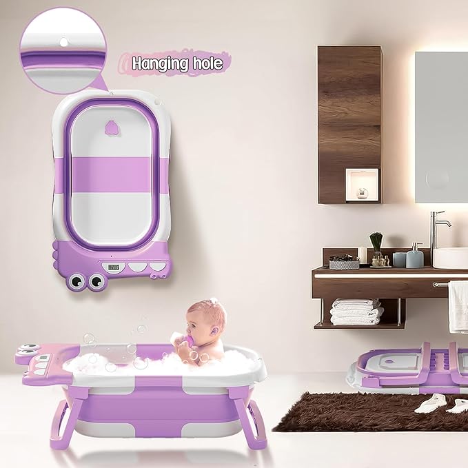 TPN Collapsible Baby Bathtub, Baby Bath Tub with Soft Cushion & Real-Time Thermometer, Baby Bathtub Infant to Toddler Tub (0-36 Months), Portable Travel Baby Tubs for Newborns (Lavender)