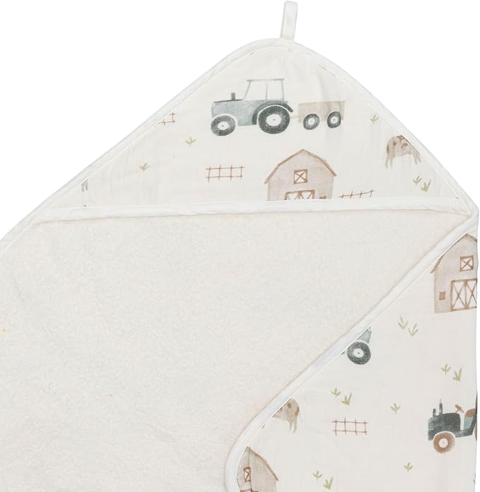 Crane Baby Hooded Towel & Washcloth Set, Charlie Farmhouse Tractor Hooded Baby Towels and Washcloths Set, Baby Bath Essentials, Washcloths for Newborn, Muslin Towel for Babies