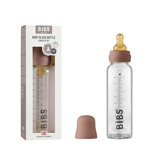 BIBS Baby Glass Bottle. Anti-Colic. Round Natural Rubber Latex Nipple. Supports Natural Breastfeeding, Complete Set - 225 ml, Woodchuck