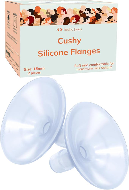 Smaller Cushy Silicone Flanges, Breast Shields - Replacement Pump Parts - for Spectra, Lansinoh, Medela Pumps - Great for Elastic Nipples - Double (2 Pack) - 15mm