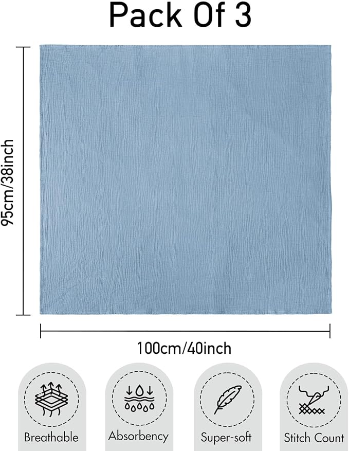 GLLQUEN BABY Muslin Swaddle Blankets,3-Pack Receiving Blanket for Newborn Boys and Girls,Baby Swaddle Blanket Unisex, Elephant,Baby Essentials, Registry & Gift, 40 x 38 inches