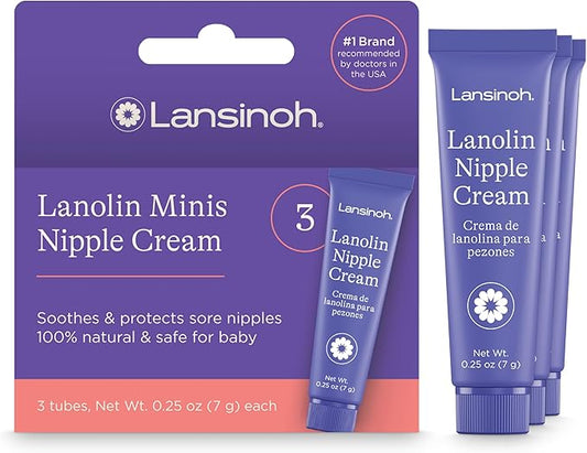 Lansinoh Lanolin Nipple Cream Safe for Breastfeeding Baby, Breastfeeding Essentials, 3 Mini Tubes, Each 0.25 Ounces