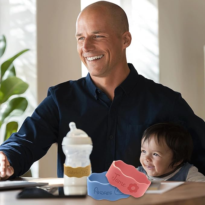 Personalized Baby Bottle Labels for Daycare Custom Water Bottle Name Bands Customized Engraved Silicone Baby Reusable Bottle Straps Labels for Cups School-Brown