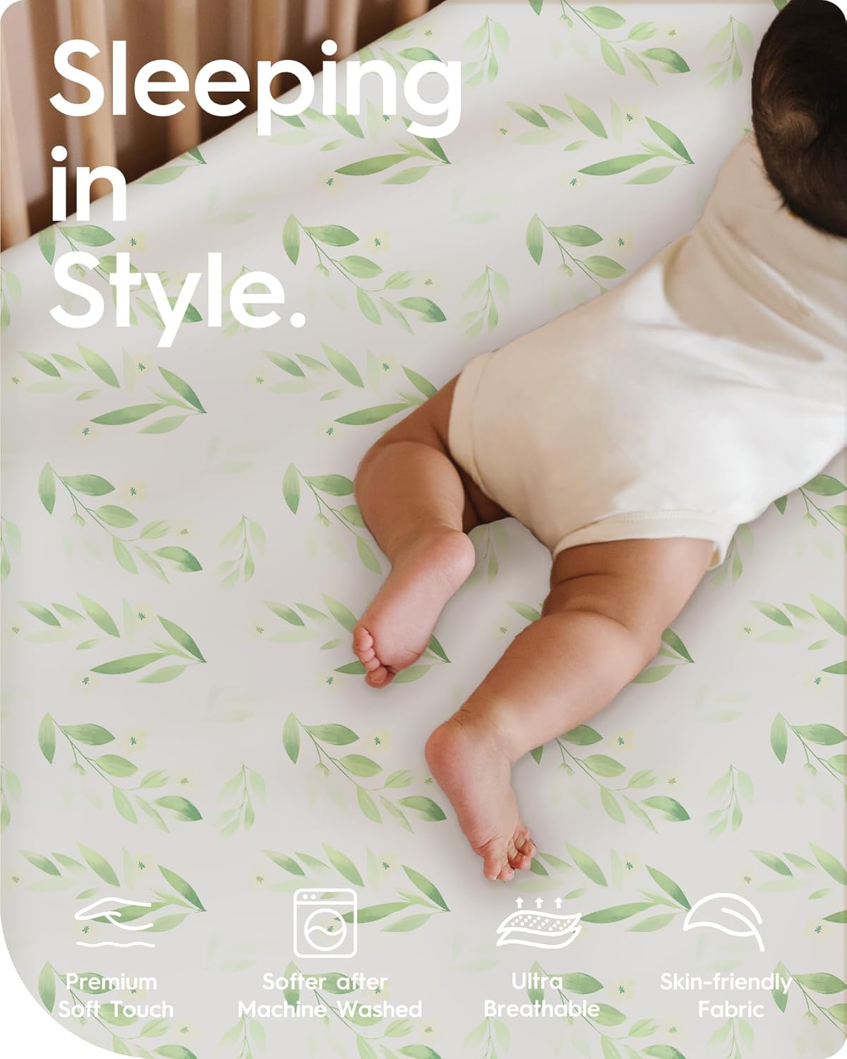 Pack N Play Sheets Fitted for Girls Boys, TotBasic Boho Mini Crib Sheets for Pack and Play/Mini Crib Mattress, Premium Soft Stretchy Jersey for Breathable Comfort - 2 Pack (Sage Green&Botanical Leaf)