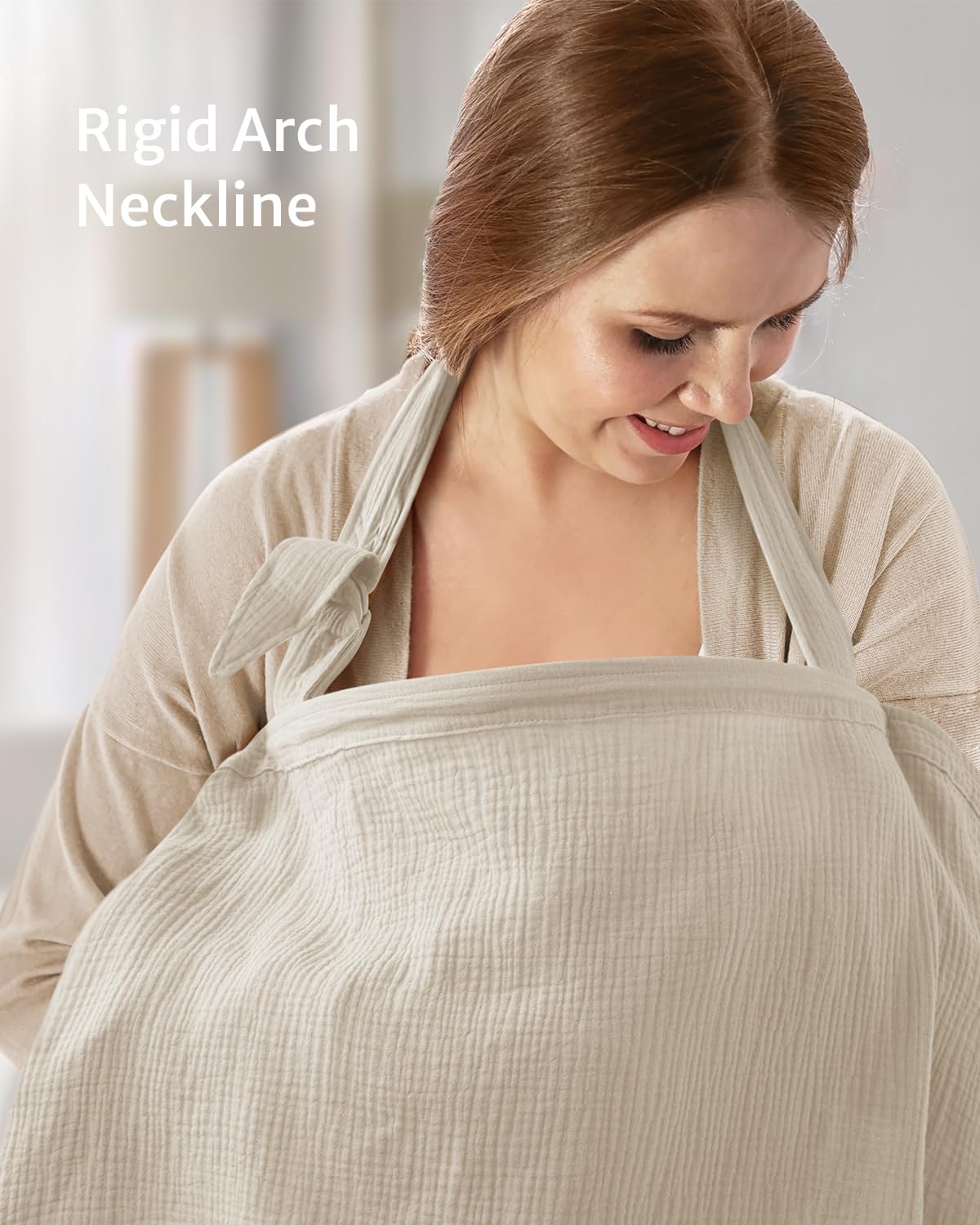 Blissful Diary Muslin Nursing Cover for Breastfeeding, Breathable Breastfeeding Cover up with Arch Neckline for Women, Nursing Apron (Cream)