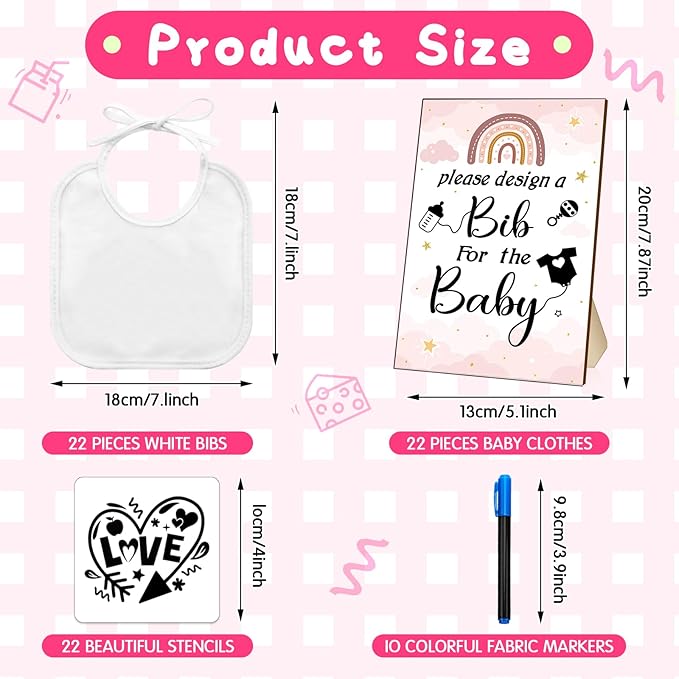 Newwiee 55 Pcs White Bibs for Baby Decorating Design a Bib Decorate Plain newborns Bibs Wooden Sign for Baby Shower Games Kit