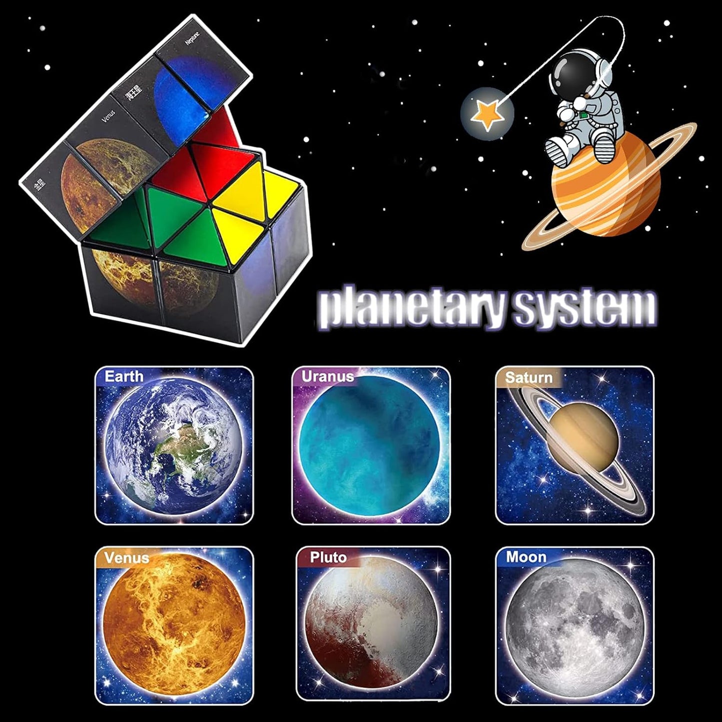 2 in 1 Kids Fidget Toy Magic Cube with Colorful Solar System Planet Pattern for Boys Girls