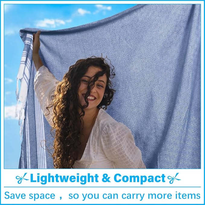 Oversized Turkish Beach Towel Blanket XXL Cotton Sandproof Towels Boho Woven Extra Large Big Sand Free Giant Throw Thick Blankets Huge Quilt XL Picnic Camping Necessities Cloud For Adult Gifts Blue