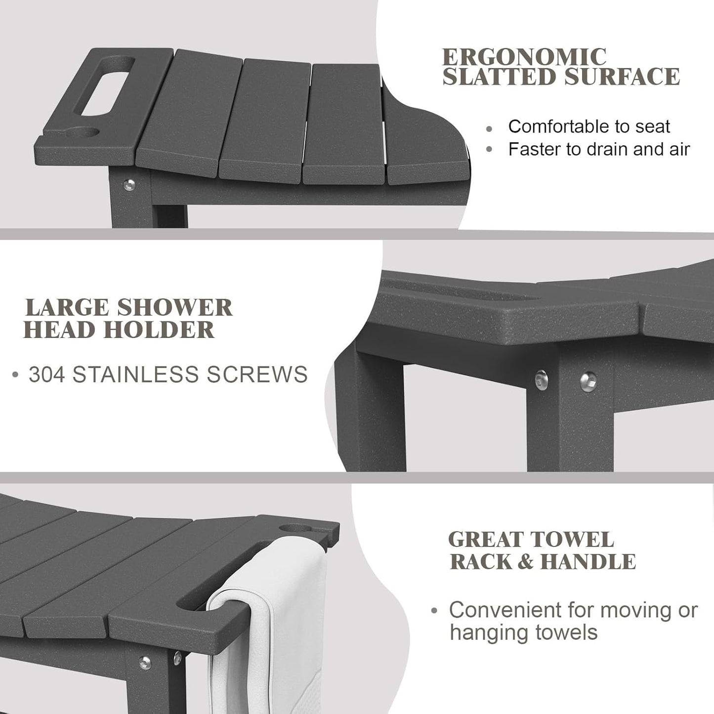 HDPE Shower Bench Stool for Inside Shower, Non-Slip Shower Stool for Shaving Legs with Storage Shelf, Waterproof Shower Chair Spa Bath Seat for Indoor & Outdoor Use (Gray)