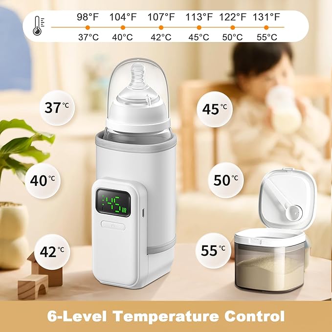 Portable Bottle Warmer - Travel-Easy,Fast Warming,6-Speed Temperature Control,Comfortsble Baby Feeding On-The-go,Battery-Powered Waterless Milk Warmer