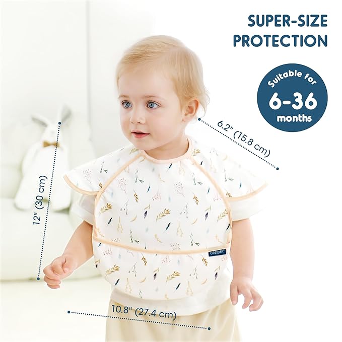 GRSSDER 3-pack Mess Proof Baby Feeding Bibs with Food Catcher Pocket, Soft Lightweight Waterproof Fabric Material with Zero Plastic-like Feel, Adjustable and Easy Clean Toddler Bibs for 6-36 Months
