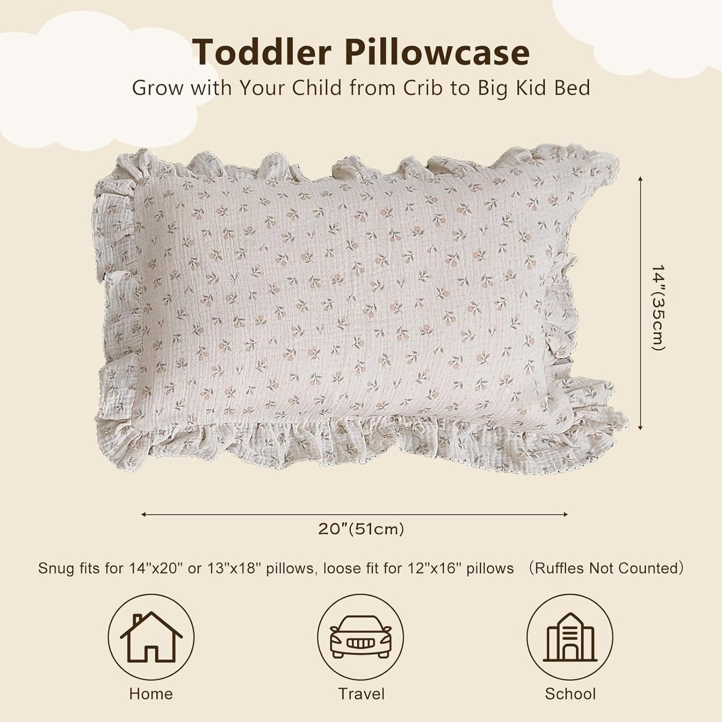 BuLuTu Cotton Muslin Kids Toddler Pillowcase Sprout Pattern, Shabby Chic Nursery Pillow Cover with Ruffle Edge, Soft Durable Travel Pillow Case for Boys Girls Bedding Decor, 14"x20",Machine Wash