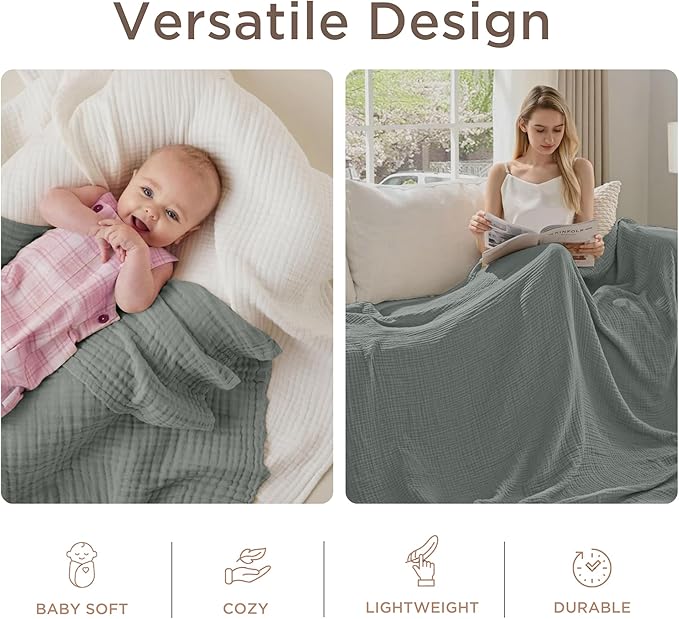 Threadmill Summer Muslin King Blanket | Lightweight Blanket for Bed or Couch | 4 Layer 100% Cotton Gauze | Soft, Breathable, and Cozy for All Seasons | Fits Cal King Size Bed | Scottish Grey