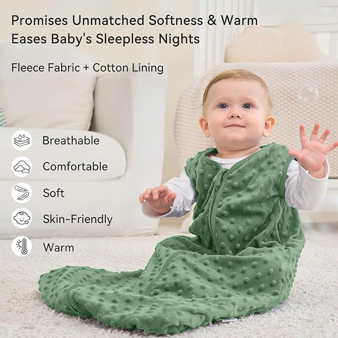 Fleece Baby Sleep Sack 0-6 Months with Plush Dots 1.5 Tog Baby Wearable Blanket with 2-Way Zipper Warm Sleeping Sack for Toddler Infant Newborn - Small, Apricot & Dark Green