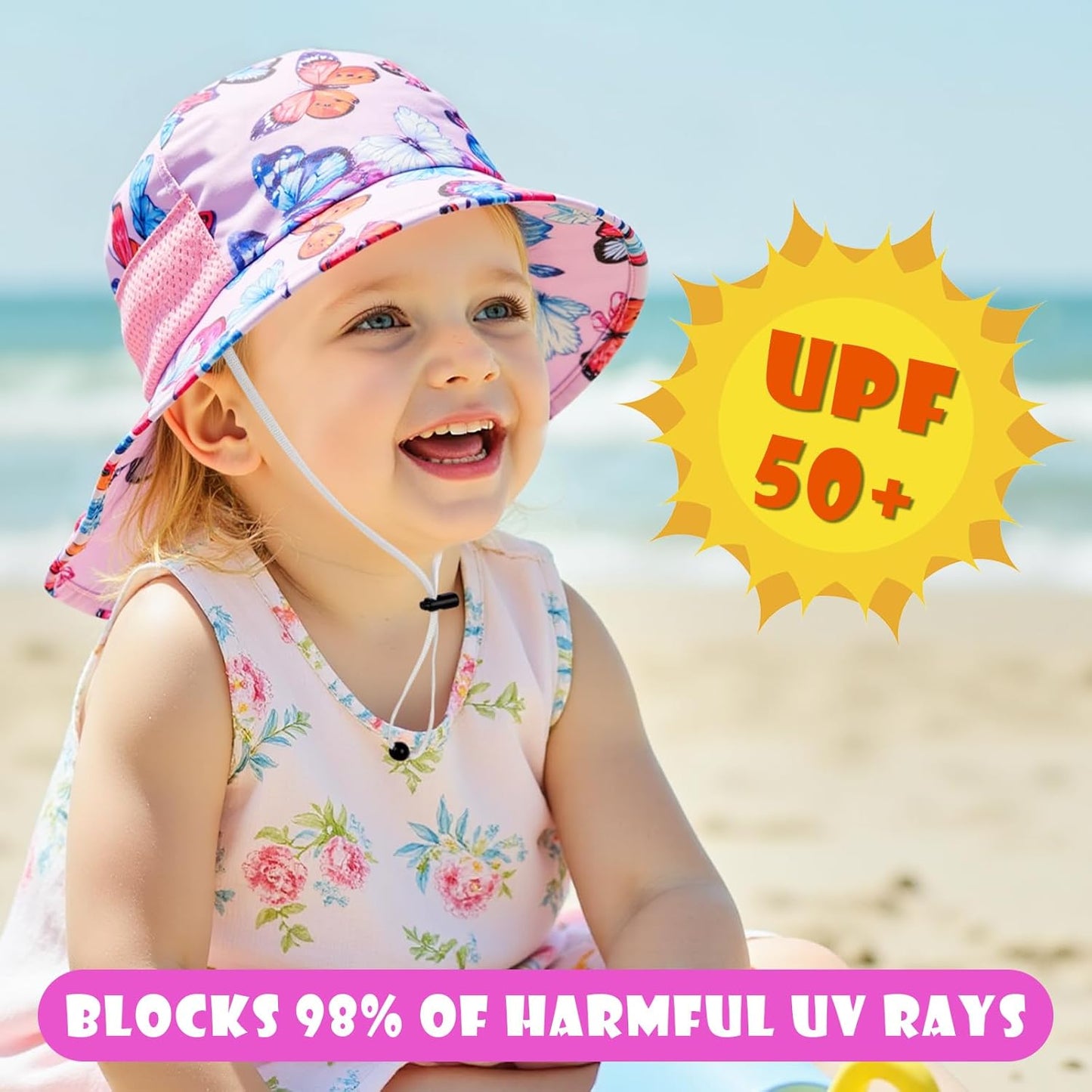 Toddler Baby Sun Hat Kids Summer UPF 50+ for Boys Girls Adjustable Beach Hats with Bucket Wide Brim Age 1-7 Years