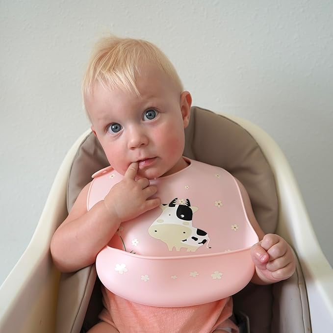 Silicone Baby Bibs Unisex, Self-Feeding, Catch-all Large Pocket, 6-48 months, BPA-Phthalate Free, w/Travel Case