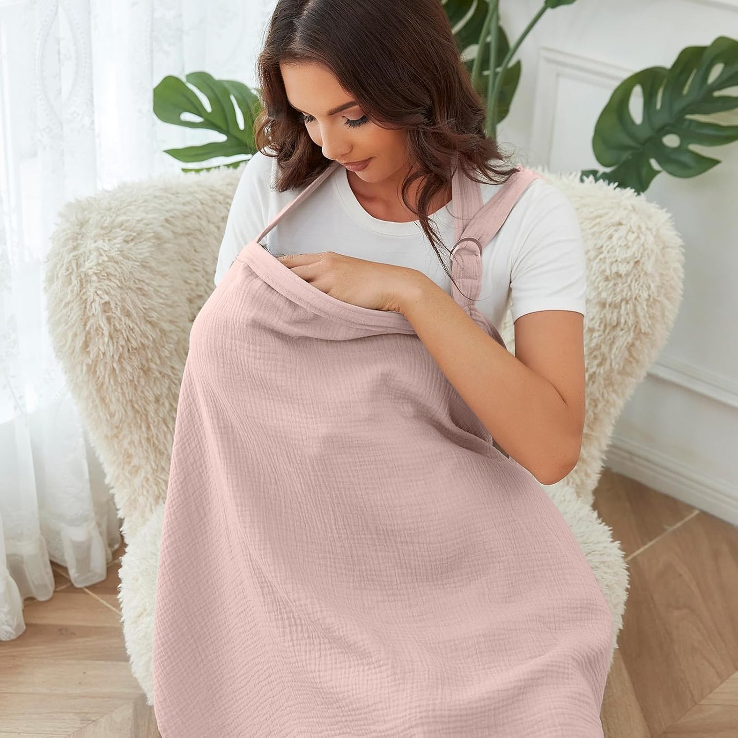 Muslin Nursing Cover for Baby Breastfeeding, Breathable 100% Cotton Breastfeeding Cover with Rigid Hoop for Mother Nursing Apron (Light Pink)