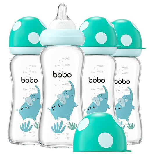 YOHKOH Natural Glass Baby Bottle with Natural Response Nipple, Newborn Anti-Colic Baby Bottles, Wide Neck Mushroom Cap Baby Bottle, Clear (8.8ounce (Pack of 4), Blue2)